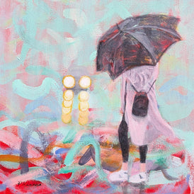 Painting of a person with an umbrella walking on a colorful, abstract street.