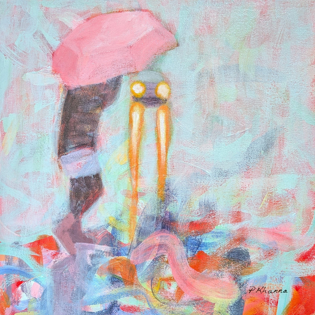 Abstract painting with a pink umbrella, car in the distance, and colorful background