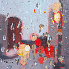 Abstract painting of a rainy cityscape with colorful shapes and patterns on a gray background