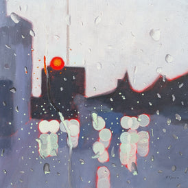 Abstract painting of a rainy scene with silhouettes and red light. Canadian artist contemporary art