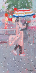 Contemporary acrylic painting of a person with an umbrella walking through rain, viewed through a window with raindrops.