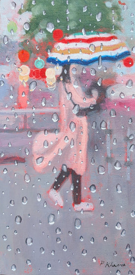 Contemporary acrylic painting of a person with an umbrella walking through rain, viewed through a window with raindrops.