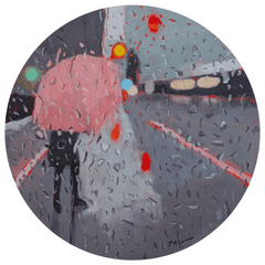 Round painting of a rainy cityscape with a figure holding a pink umbrella, contemporary realism canadian artist Toronto