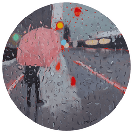 Round painting of a rainy cityscape with a figure holding a pink umbrella, contemporary realism canadian artist Toronto
