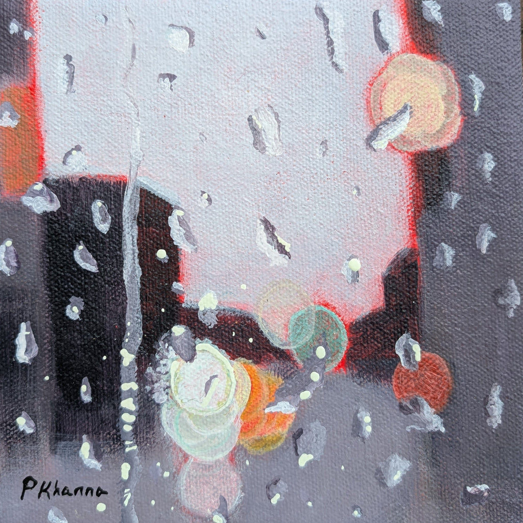 Acrylic painting of a rainy city street with blurred lights and reflections.