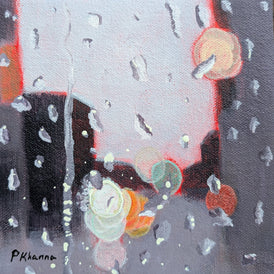 Acrylic painting of a rainy city street with blurred lights and reflections.