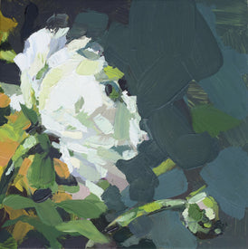 Abstract painting of a white ranunculus with green brushstrokes in the background