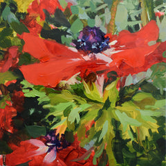 Colorful abstract painting of flowers with red, green, and purple hues.