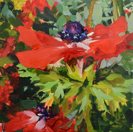 Colorful abstract painting of flowers with red, green, and purple hues.