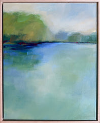 Abstract painting of a landscape with blue water and green hills.