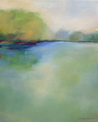 Abstract landscape painting with green and blue tones