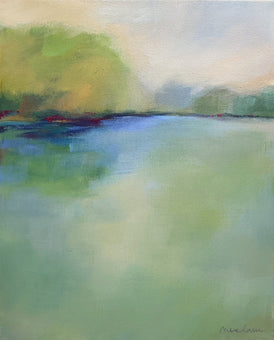 Abstract landscape painting with green and blue tones