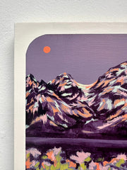 Original artwork of a mountain landscape with a purple sky and orange sun by artist Jennifer Peart