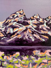 Painting of mountains and flowers with a purple background emerging artist