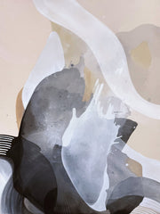 Abstract art with flowing shapes in gray, white, and beige on a beige background
