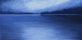 Blue-toned landscape painting of a lake with trees on the shore. Original art home decor. 
