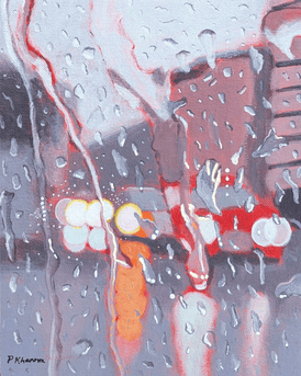 Fine art contemporary painting of a rainy street scene with blurred lights and reflections.