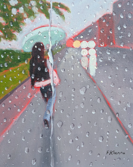 Original fine art painting of a person walking on a rainy day through raindrops on a window