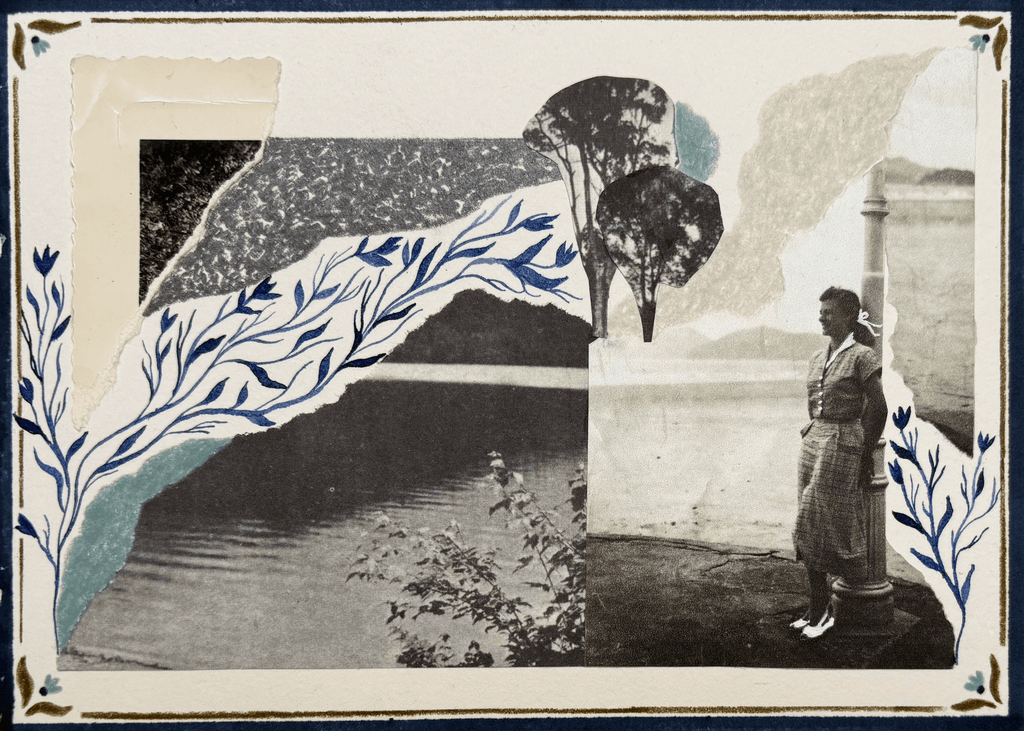 Collage with a person standing by a body of water, decorative elements, and a stylized archway.