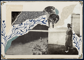 Collage with a person standing by a body of water, decorative elements, and a stylized archway.