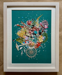 Contemporary collage art framed in wood mixed media