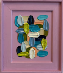 Colorful abstract art piece on a pink background