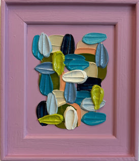 Colorful abstract art piece on a pink background