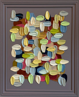 Colorful abstract art piece on a gray background