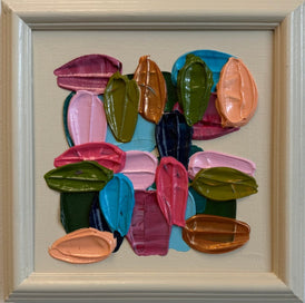 Colorful abstract art piece with various shapes on a beige background