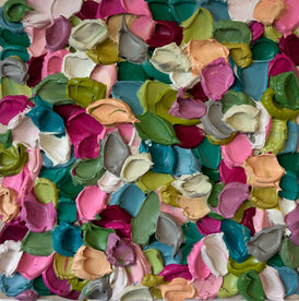 Colorful textured abstract original painting with various shades of pink, green, blue, and gray.