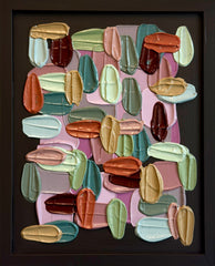 Colorful abstract art original painting by Shiri Phillips with various shapes and colors on a dark background