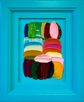 Colorfully arranged brushstrokes on a blue background, framed original painting