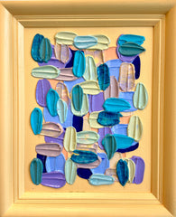 Framed original abstract artwork with multicolored brushstrokes on a sunny yellow background