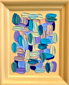 Framed original abstract artwork with multicolored brushstrokes on a sunny yellow background
