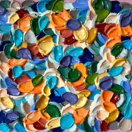 Colorful abstract painting of various sized and shaped brushstrokes on a pastel surface. By artist Shiri Phillips