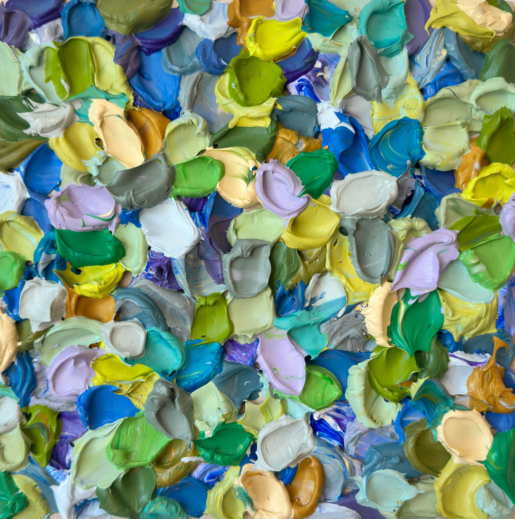 Colorful abstract painting with textured, layered impasto brushstrokes in greens, blues and lavender. 
