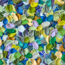 Colorful abstract painting with textured, layered impasto brushstrokes in greens, blues and lavender. 