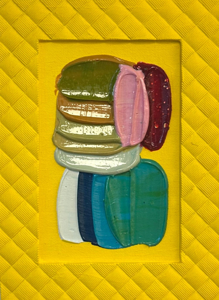 Colorful abstract art painting with a textured yellow frame