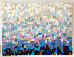 Abstract artwork with a pattern of thick, textured multicolored brushstrokes on a canvas