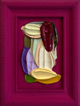 Decorative wall art with a colorful abstract design on a magenta pink background