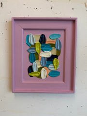 Abstract painting with blue abstract marks on a pink background