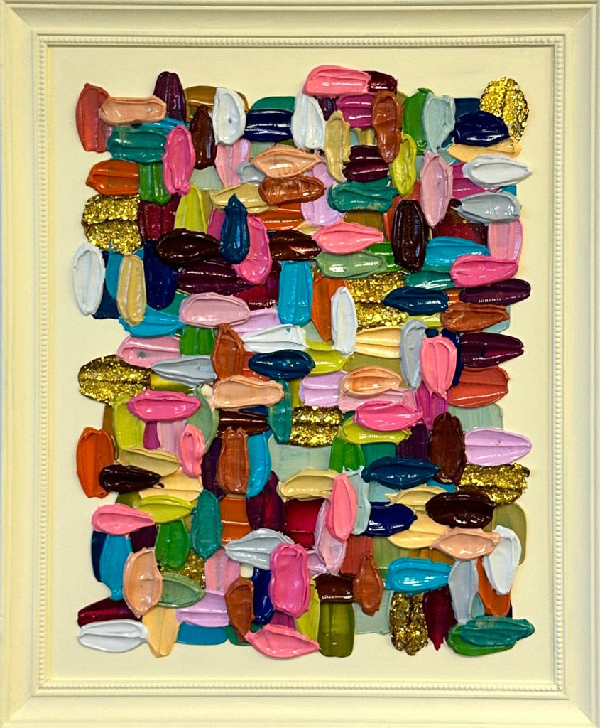 Colorful abstract art piece with various shapes and patterns on a light yellow background