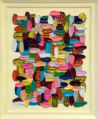 Colorful abstract art piece with various shapes and patterns on a light yellow background