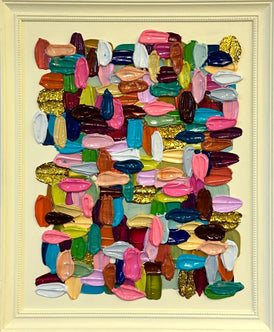 Colorful abstract art piece with various shapes and patterns on a light yellow background