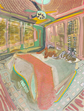 Colorful abstract painting of a room with furniture and decor by Erika Stearly American artist