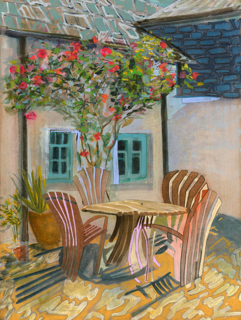 Painting of an outdoor seating area with a table and chairs under a flowering tree.