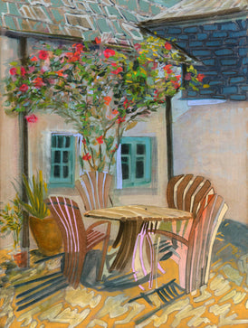 Painting of an outdoor seating area with a table and chairs under a flowering tree.