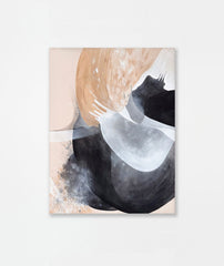 Abstract art piece with circular shapes in black, white, and beige on a light background