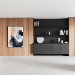 Modern interior with black shelving unit and abstract art painting on a wooden wall.