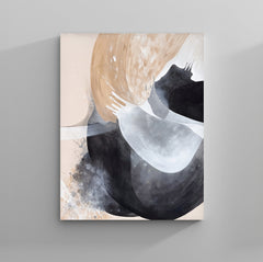 Abstract art contemporary painting with circular shapes in beige, black, and white on a gray background